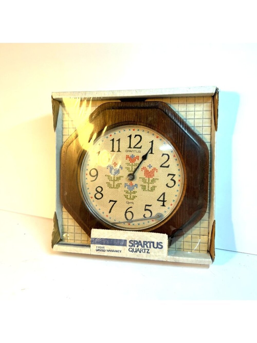 Vintage Spartus Quartz Wall Clock Floral Cross Stitch Cottagecore Wood Look NOS